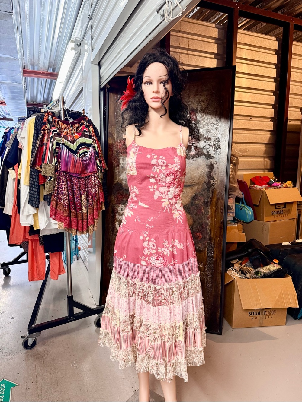 Luna Luz Floral Tiered Midi Dress Size S Cottagecore Lace Trim Spaghetti Strap - Picture 3 of 9